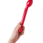 Red Share Satisfaction Arch G-spot vibrator held in a hand, featuring a smooth, curved design and a rounded tip.