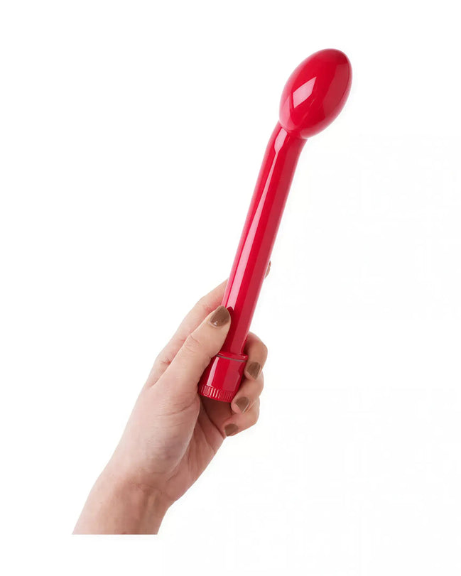Red Share Satisfaction Arch G-spot vibrator held in a hand, featuring a smooth, curved design and a rounded tip.