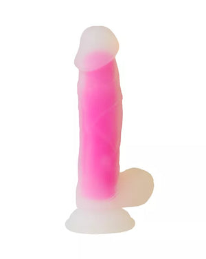 Silicone dildo with pink and white gradient on a white background