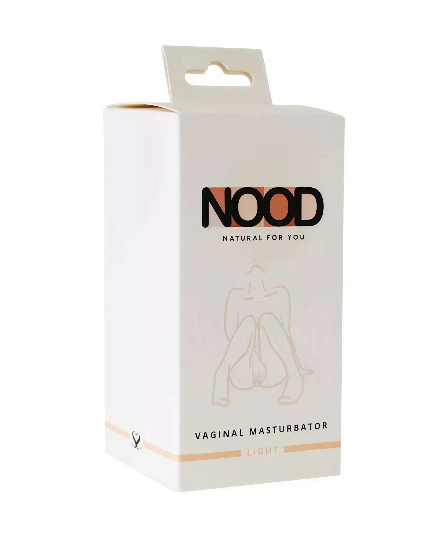 Nood vaginal masturbator packaging in white with a light design and black text, featuring a graphic illustration.