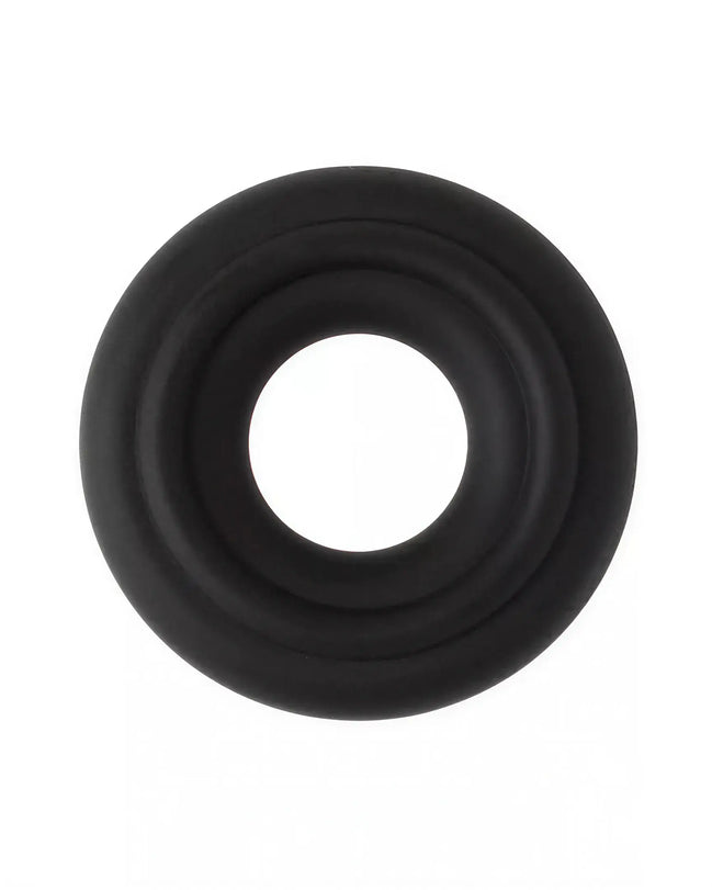 Black silicone cock ring with a smooth, textured surface and a central opening.
