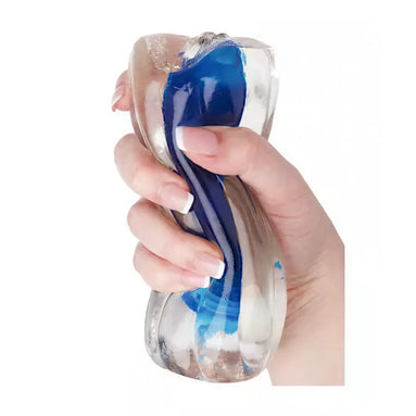 Nood Colours masturbator in a hand, featuring a clear exterior with blue accents and a textured design.