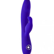 Share Satisfaction Azure Rabbit Vibrator in vibrant purple with a curved design and a clitoral stimulator arm.