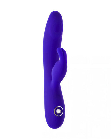 Share Satisfaction Azure Rabbit Vibrator in vibrant purple with a curved design and a clitoral stimulator arm.