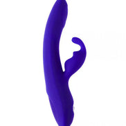 Share Satisfaction Azure Rabbit Vibrator in vibrant purple with a curved design and a textured clitoral arm.
