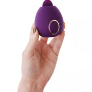 Purple Dana clitoral stimulator held in a hand, featuring a rounded shape and a gold accent button.