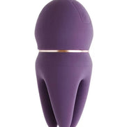Share Satisfaction Candi clitoral vibrator in purple silicone with a gold band, featuring a rounded top and tapered base.