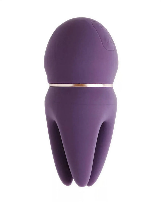 Share Satisfaction Candi clitoral vibrator in purple silicone with a gold band, featuring a rounded top and tapered base.