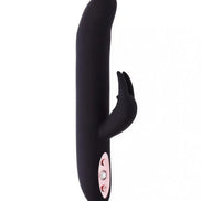 Share Satisfaction Ruslan rocking and gyrating rabbit in black silicone with a curved shaft and external clitoral stimulator.