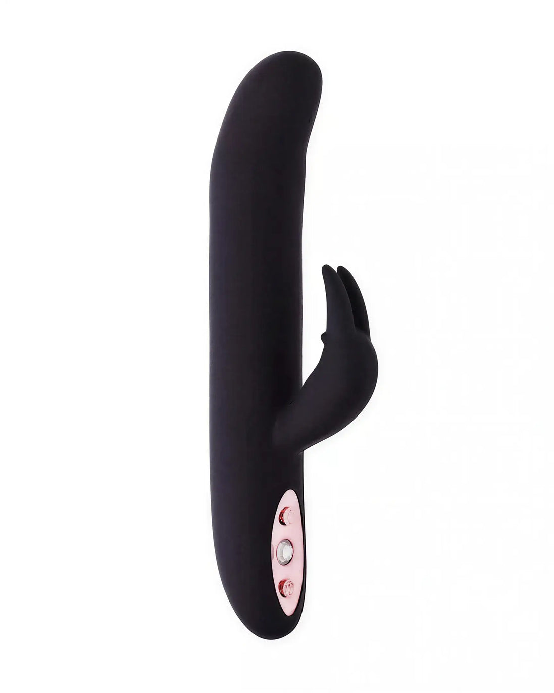 Share Satisfaction Ruslan rocking and gyrating rabbit in black silicone with a curved shaft and external clitoral stimulator.