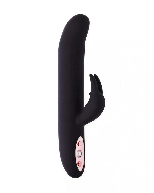 Share Satisfaction Ruslan rocking and gyrating rabbit in black silicone with a curved shaft and external clitoral stimulator.