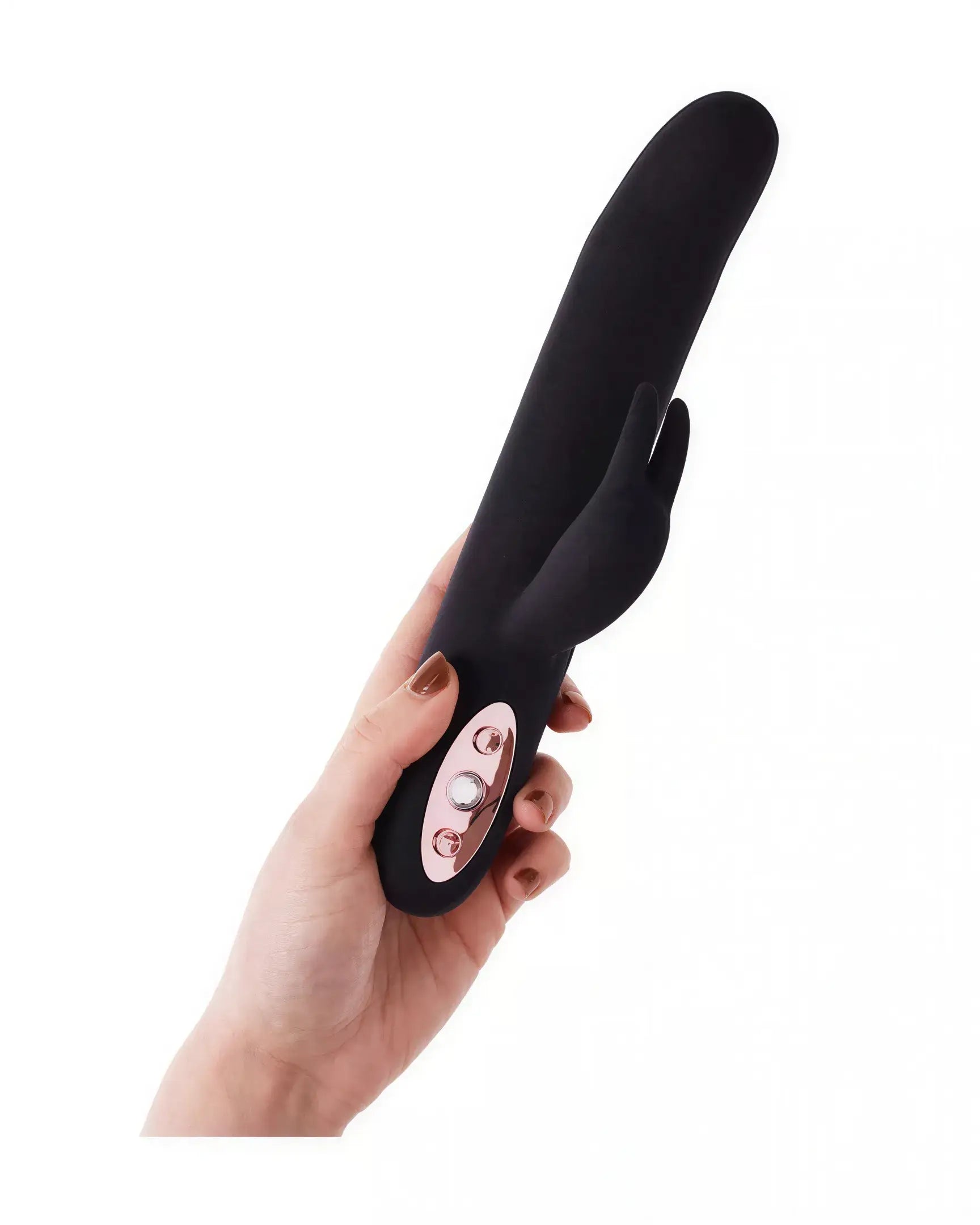 Ruslan rocking and gyrating rabbit in black silicone, held in a hand, featuring three control buttons.