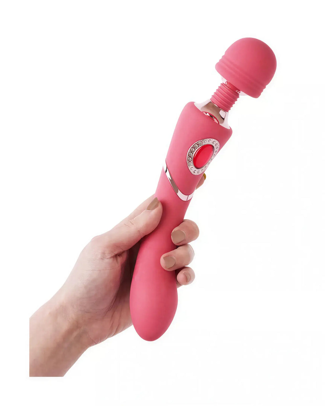 Sana luxury wand in pink, held by a hand, featuring a rounded head and a decorative control button.