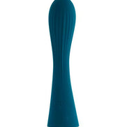 Share Satisfaction Lina in teal, featuring a sleek, elongated design with ribbed texture and gold base.