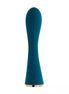 Share Satisfaction Lina in teal, featuring a sleek, elongated design with ribbed texture and gold base.