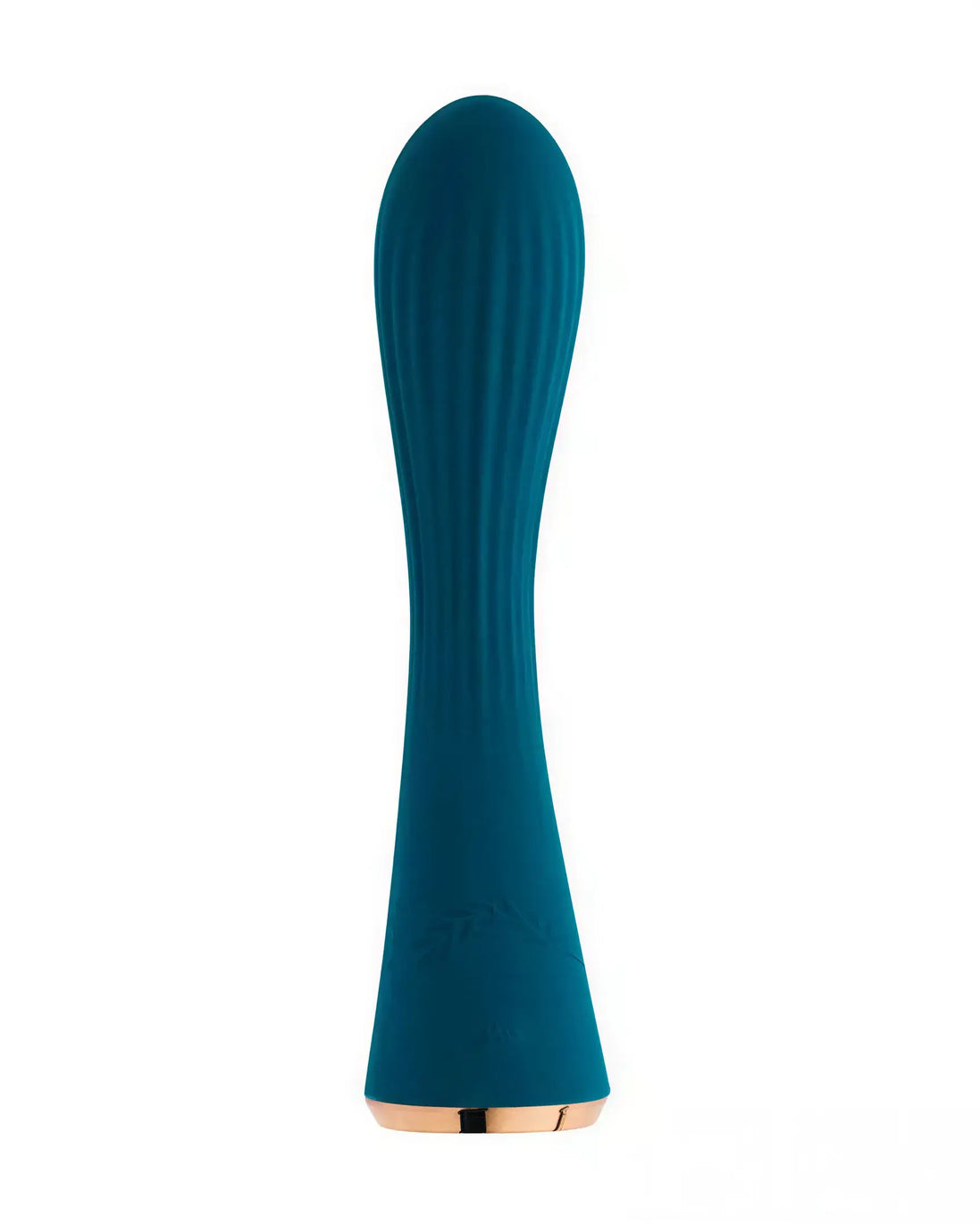 Share Satisfaction Lina in teal, featuring a sleek, elongated design with ribbed texture and gold base.