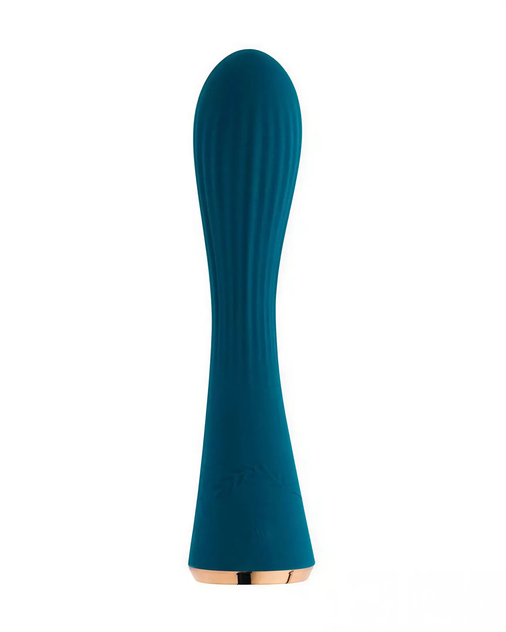 Share Satisfaction Lina in teal, featuring a sleek, elongated design with ribbed texture and gold base.