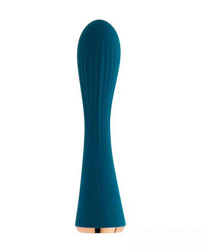 Share Satisfaction Lina in teal, featuring a sleek, elongated design with ribbed texture and gold base.
