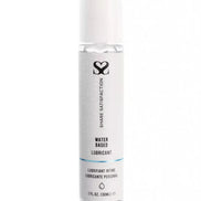 Share Satisfaction water-based lubricant in a clear 30ml bottle with a white label and blue accents.