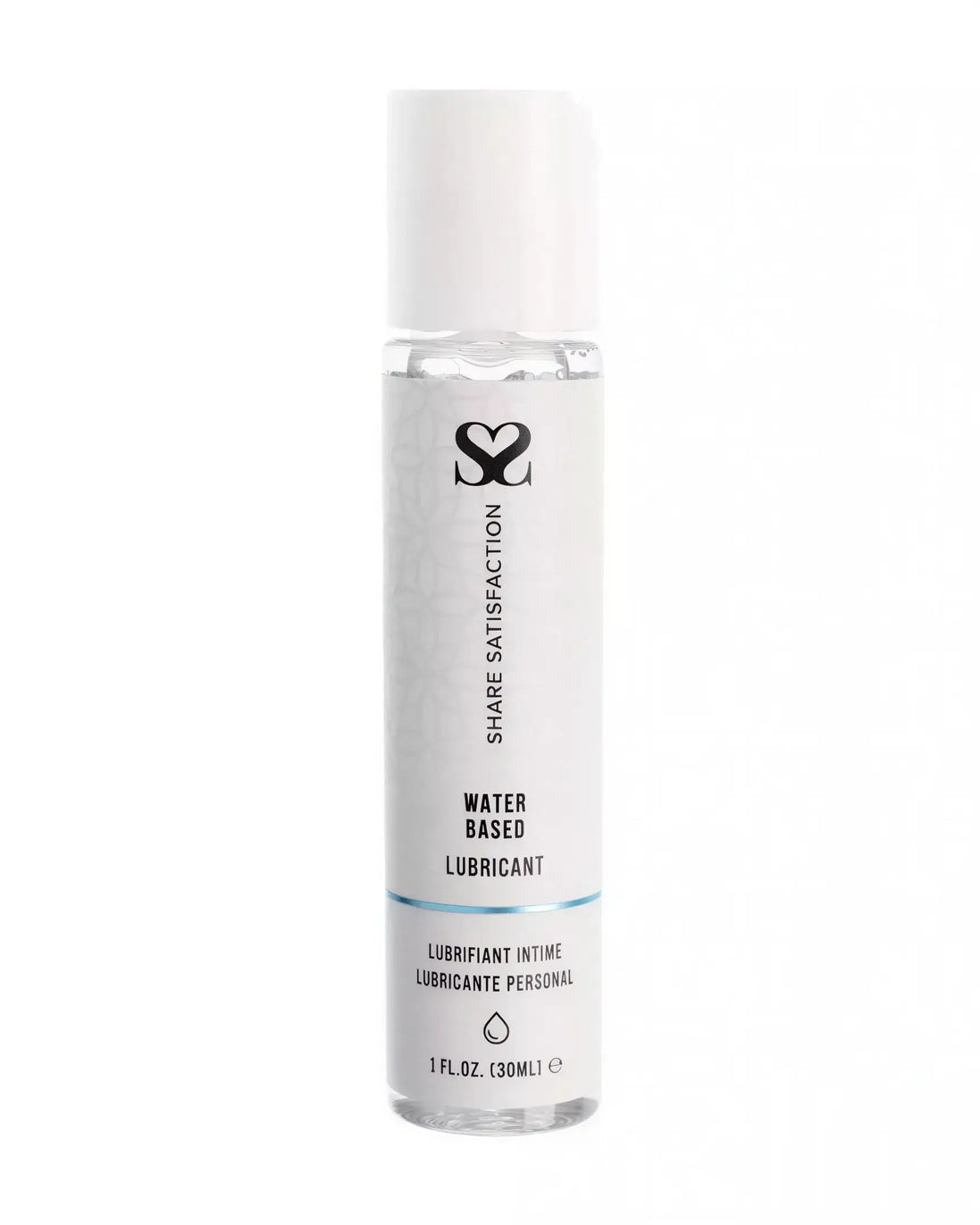 Share Satisfaction water-based lubricant in a clear 30ml bottle with a white label and blue accents.