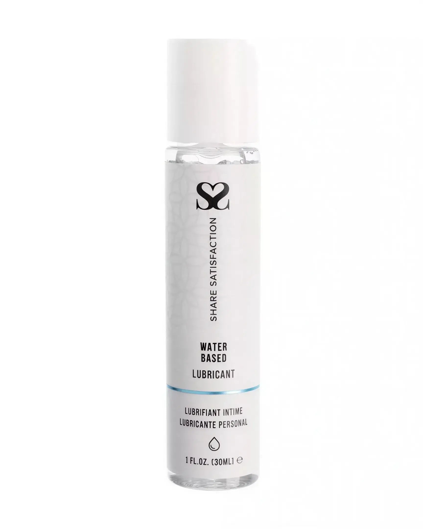 Share Satisfaction water-based lubricant in a clear 30ml bottle with a white label and blue accents.
