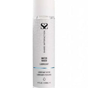 Share Satisfaction water-based lubricant in a clear 120ml bottle with a white label and blue accents.