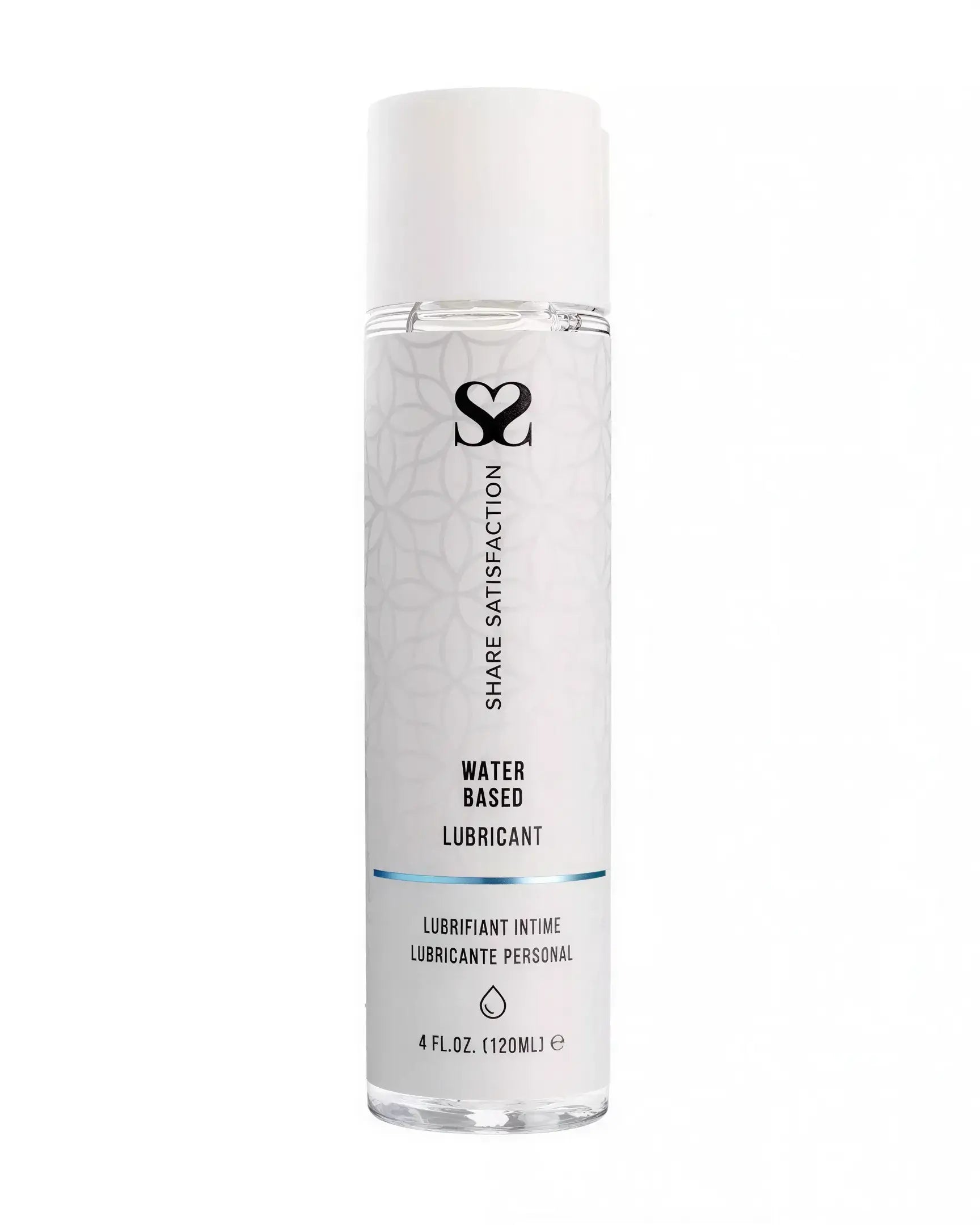 Share Satisfaction water-based lubricant in a clear 120ml bottle with a white label and blue accents.