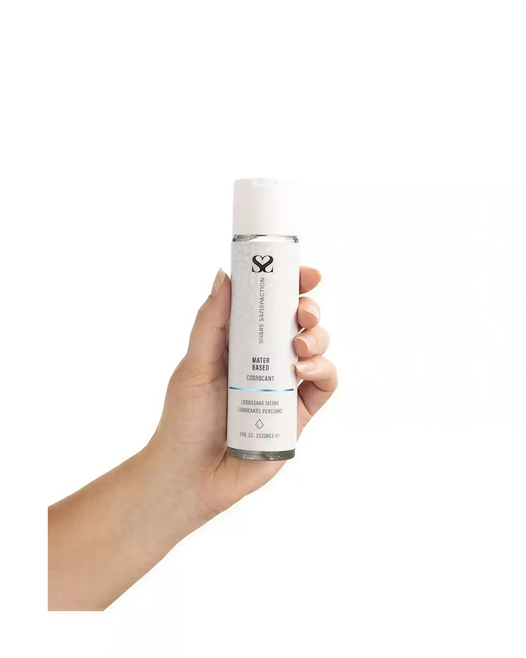 Share Satisfaction water-based lubricant in a clear bottle held in a hand, featuring a white cap and label.