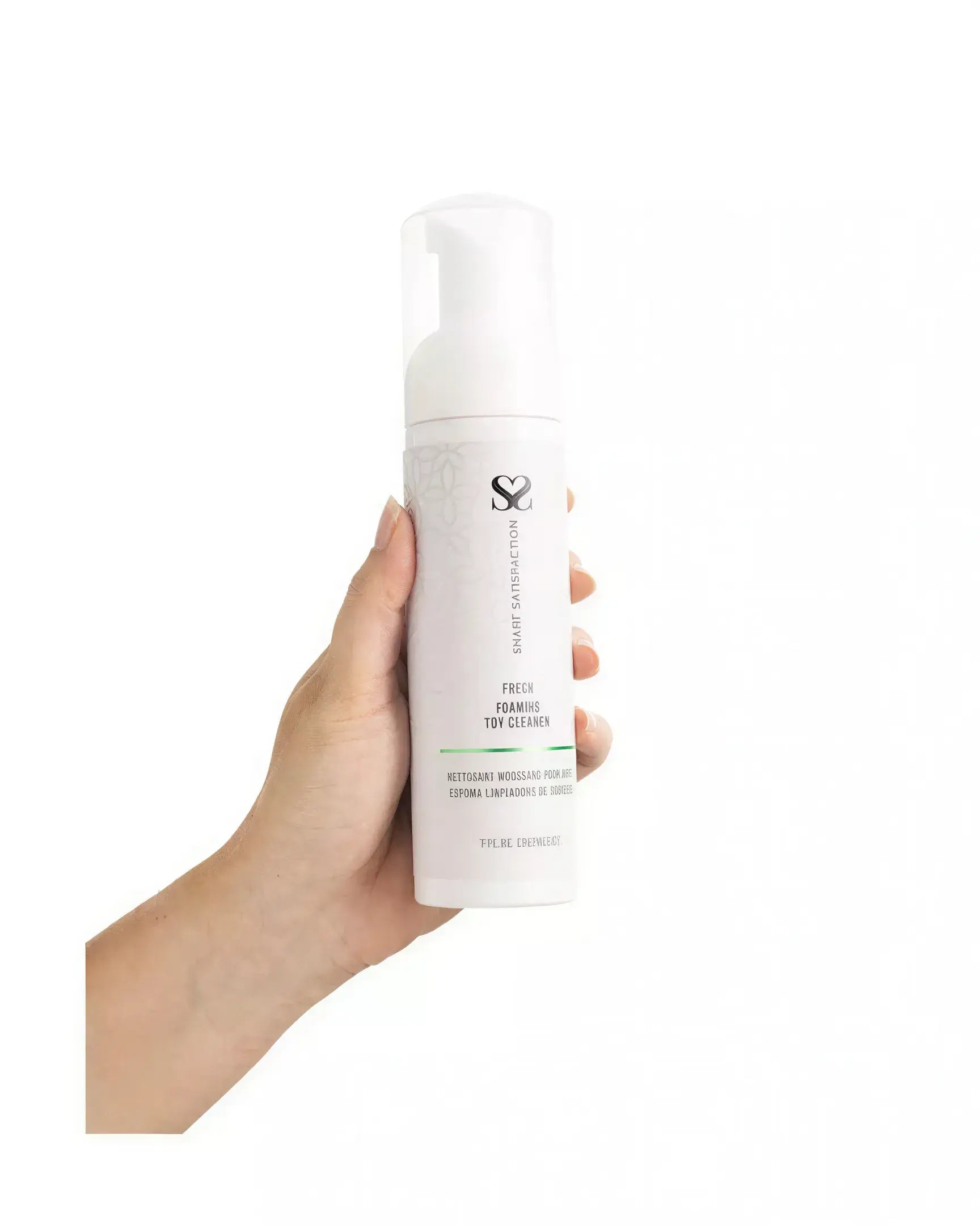 Share Satisfaction foaming toy cleaner in a white bottle, held in a hand, with a pump dispenser and green label.
