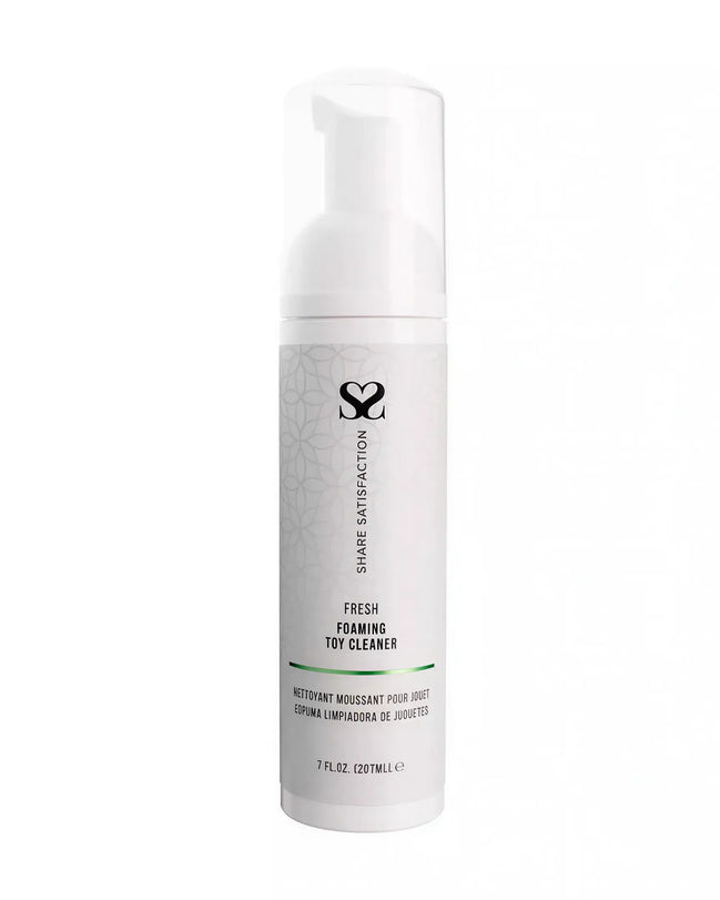 Share Satisfaction foaming toy cleaner in a white pump bottle, 207ml, with a green label and geometric design.