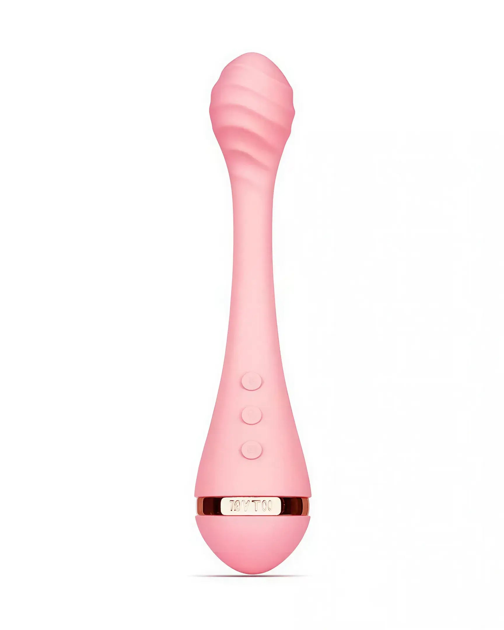 Vush Myth G-Spot vibrator in soft pink with a textured design and three control buttons on the handle.