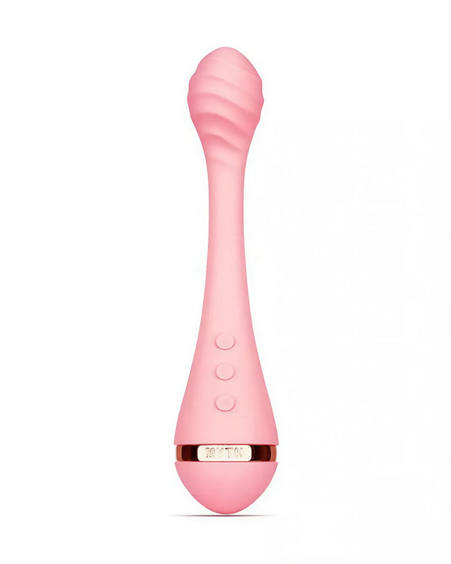 Vush Myth G-Spot vibrator in soft pink with a textured design and three control buttons on the handle.