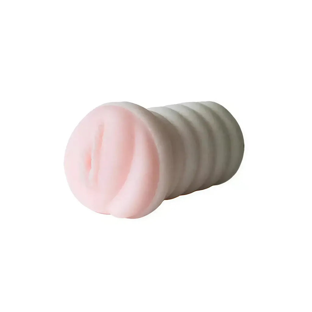 Nood masturbator vaginal ecstasy in a pink and white design, featuring a textured exterior and realistic opening.