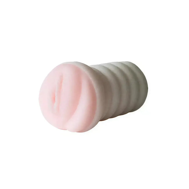 Nood masturbator vaginal ecstasy in a pink and white design, featuring a textured exterior and realistic opening.