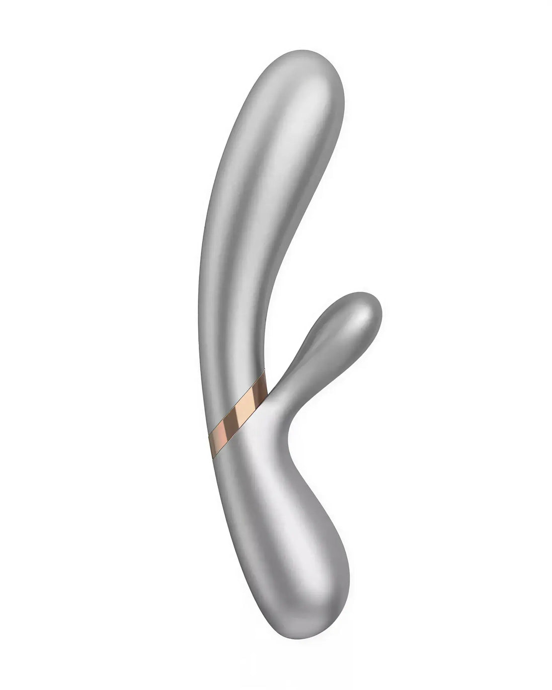 Satisfyer Hot Lover, a silver dual-action vibrator with a sleek design and a rose gold accent band.