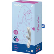 Satisfyer Hot Lover vibrator in a blue box with a minimalist design and product details on the front.
