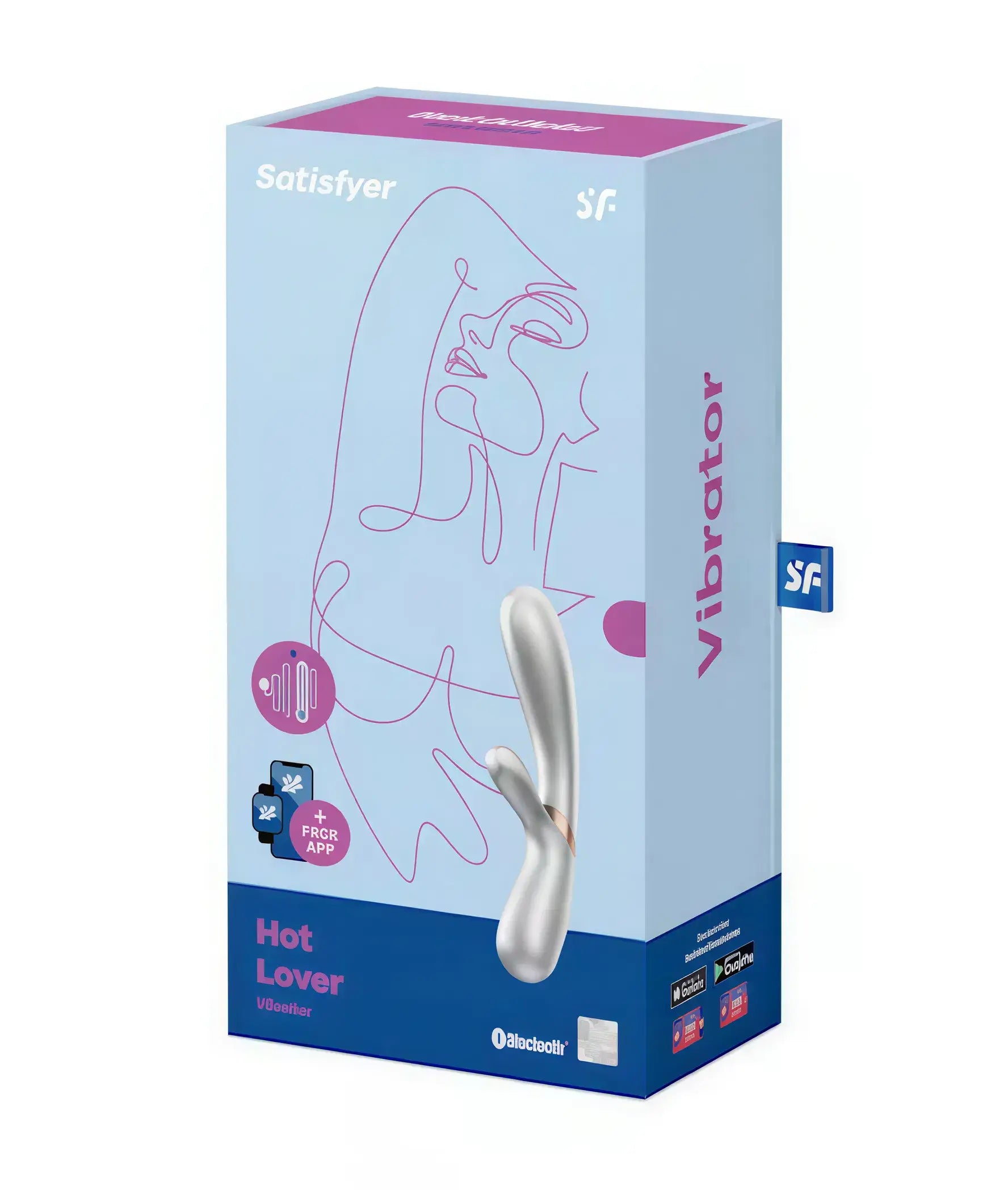 Satisfyer Hot Lover vibrator in a blue box with a minimalist design and product details on the front.