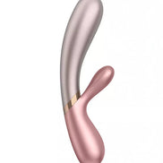 Satisfyer Hot Lover, a dual-action vibrator with a sleek silver and pink design, featuring curved shapes for stimulation.