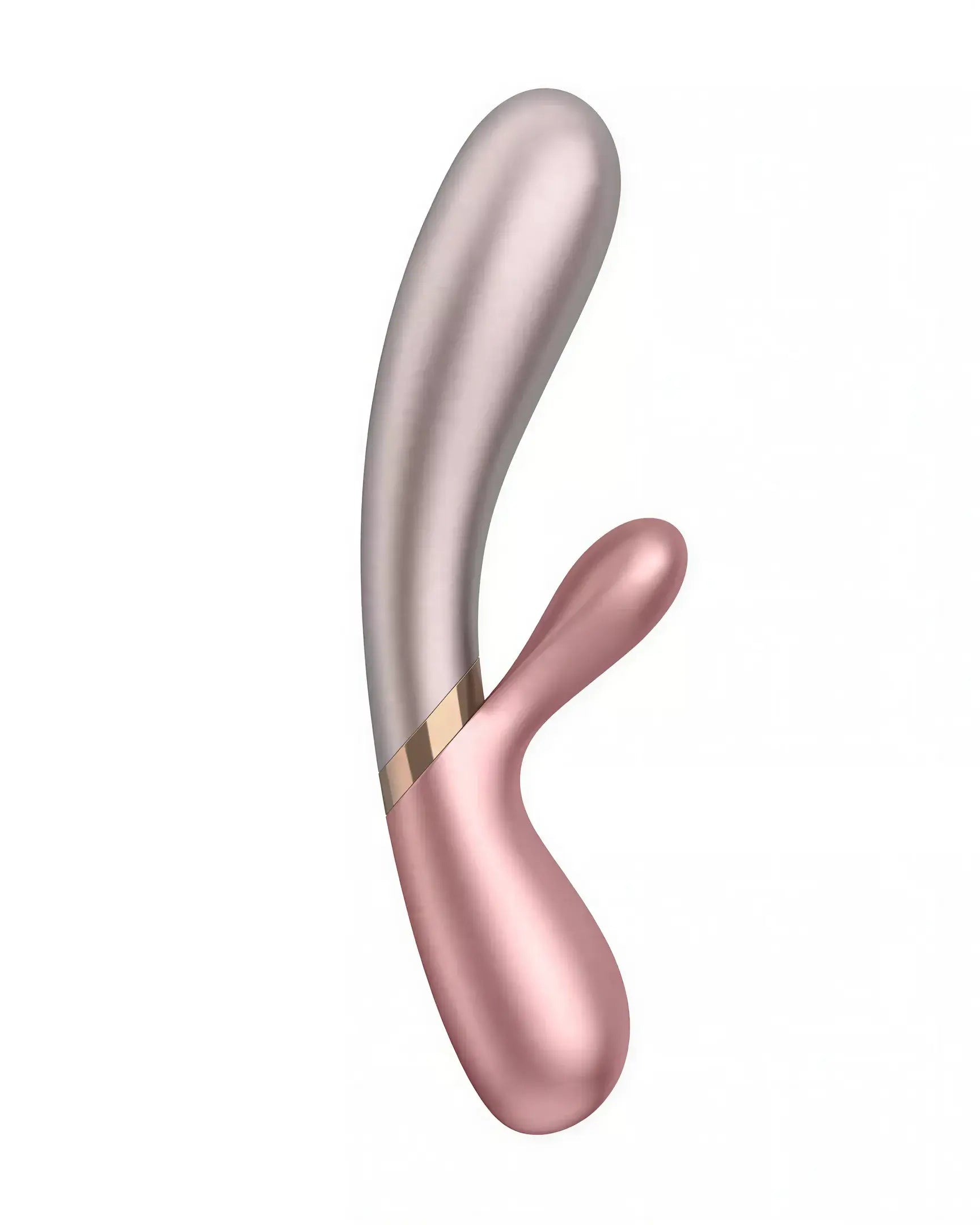 Satisfyer Hot Lover, a dual-action vibrator with a sleek silver and pink design, featuring curved shapes for stimulation.