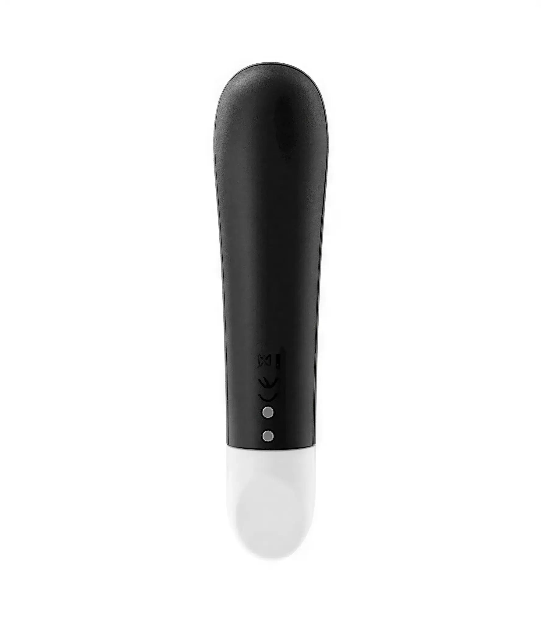 Satisfyer Ultra Power Bullet 2 in black with a white tip, featuring three control buttons on the side.