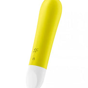 Satisfyer Ultra Power Bullet 1 in bright yellow with a white tip, featuring control buttons on the side.