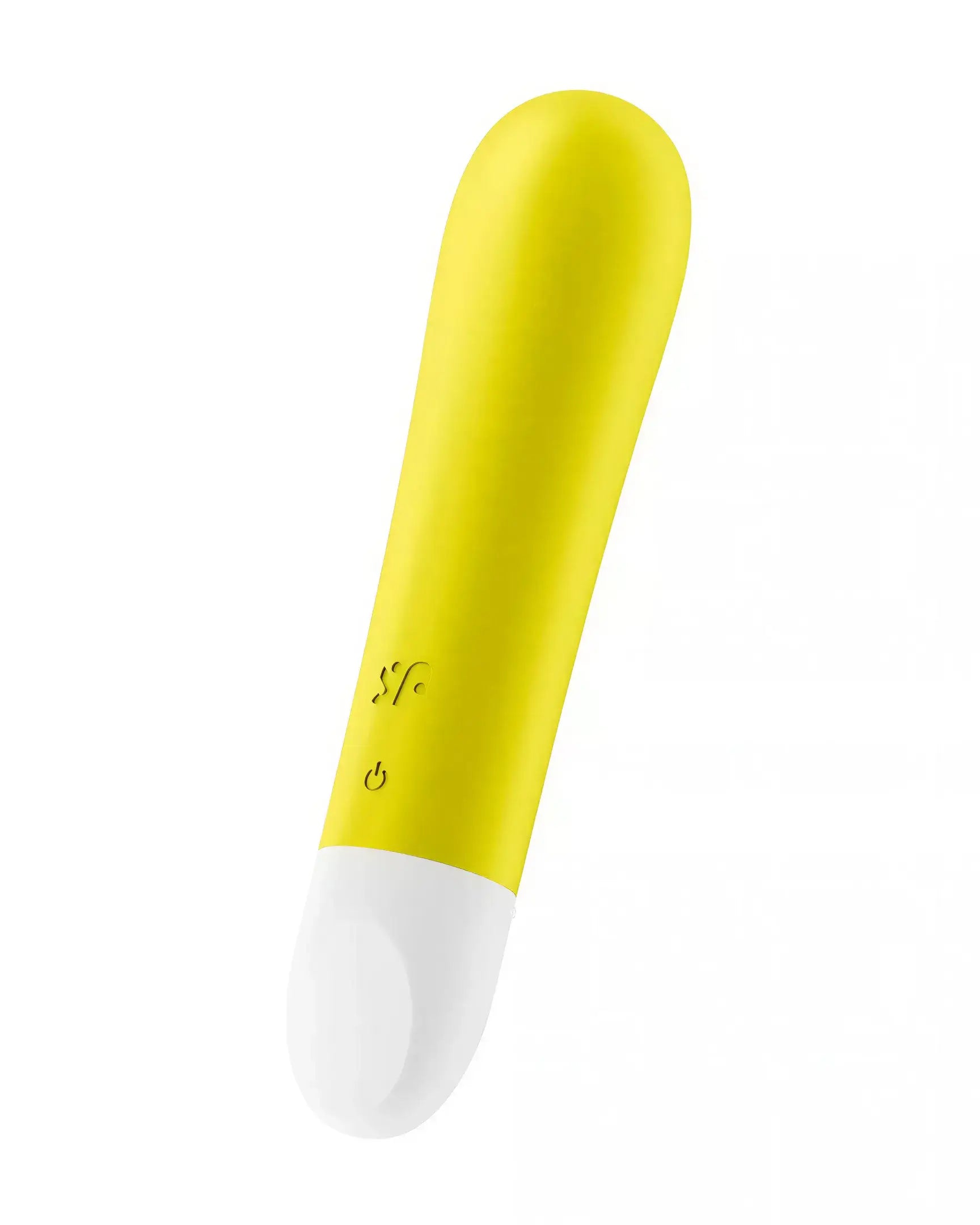Satisfyer Ultra Power Bullet 1 in bright yellow with a white tip, featuring control buttons on the side.