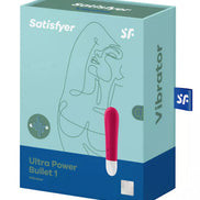 Satisfyer Ultra Power Bullet 1 vibrator in a teal and pink box with line art design and product details.
