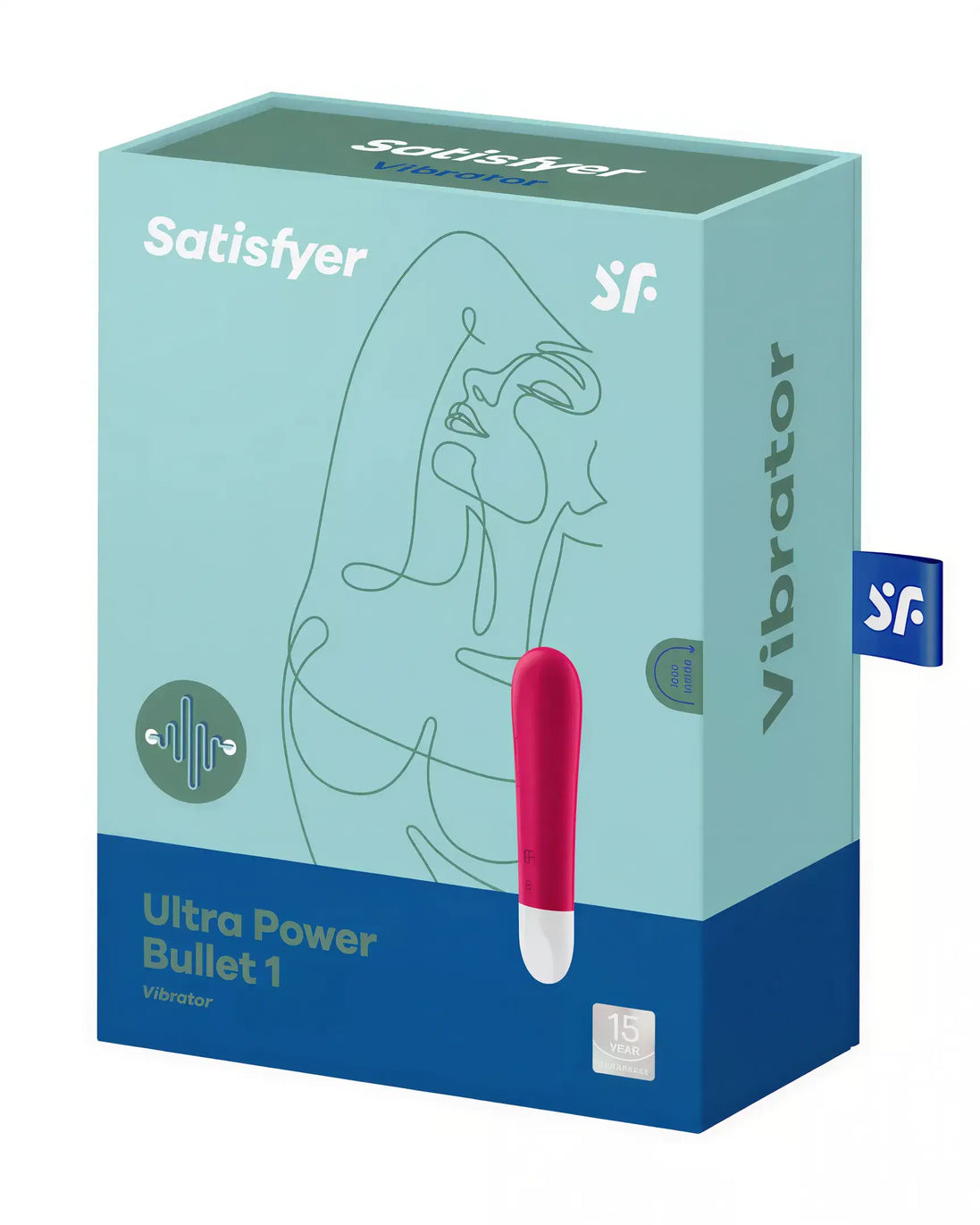 Satisfyer Ultra Power Bullet 1 vibrator in a teal and pink box with line art design and product details.
