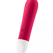 Satisfyer Ultra Power Bullet 1 in vibrant red with a white tip, featuring control buttons on the side.