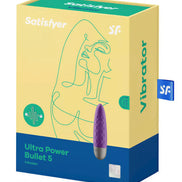 Satisfyer Ultra Power Bullet 5 vibrator in purple packaging with yellow accents and line art design.