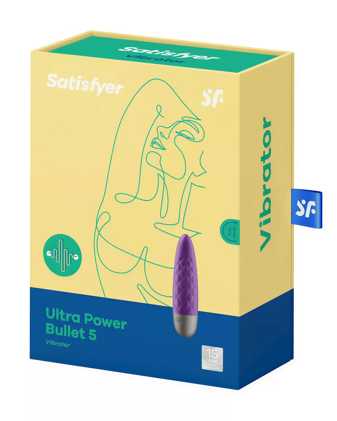 Satisfyer Ultra Power Bullet 5 vibrator in purple packaging with yellow accents and line art design.