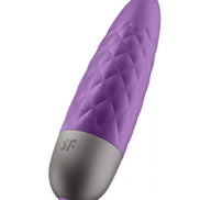 Satisfyer Ultra Power Bullet 5 in purple with a textured design and silver base, angled for visibility.