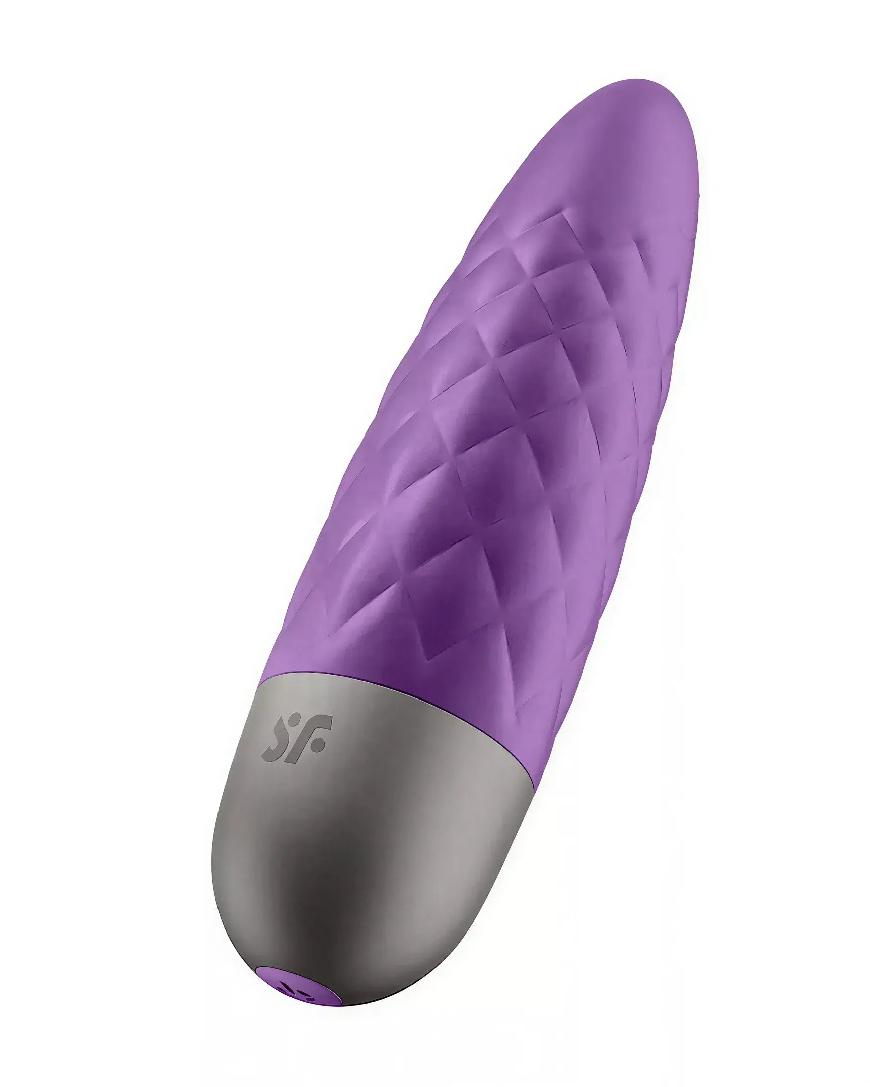 Satisfyer Ultra Power Bullet 5 in purple with a textured design and silver base, angled for visibility.