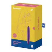 Satisfyer Ultra Power Bullet 6 vibrator packaging in yellow with purple accents and line art design.